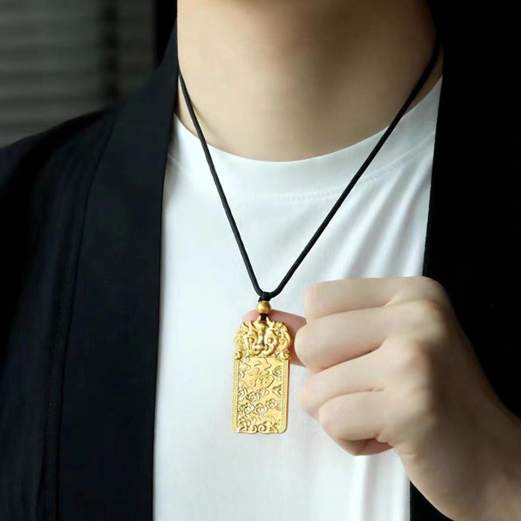 Men's Gold-Plated Qilin Pendant: Square Wushi Pai Design In Vietnam Sand Gold