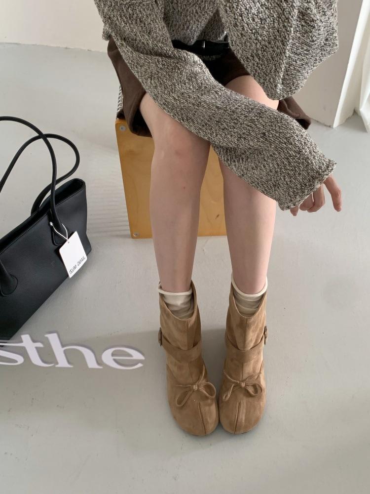 Retro style bow fashion short boots women's boots autumn and winter false split toe inner height increase Martin boots