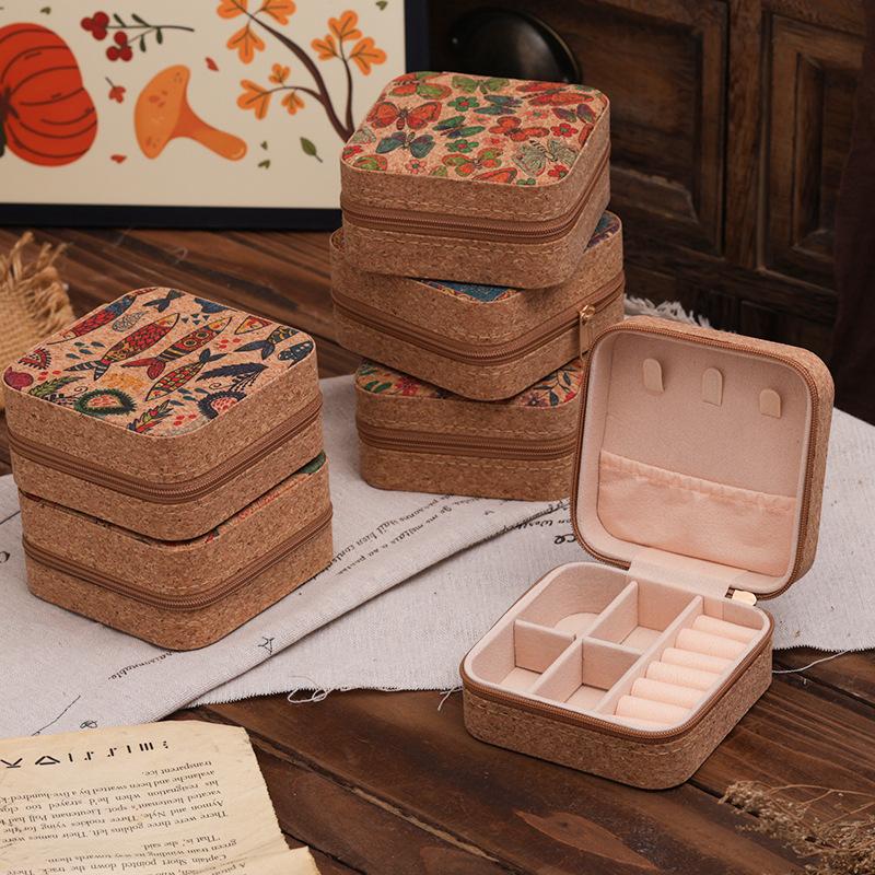 Cork Jewelry Box Vintage High-end Portable Small Travel Earrings Necklace Ring Storage Box