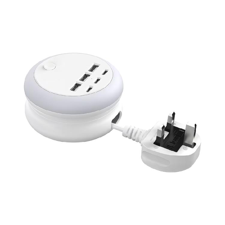 Desktop USB Power Hub with 3Prong Plug, 3 USB-A 3 USB C Port, ClicksControl Night Light, 9x5cm Retractable Cable Body