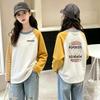 Girls' Cotton Color Block Long Sleeve Cartoon Patchwork T-Shirt for Medium & Large Children - Spring/Autumn Trendy Round Neck Base Layer Top.