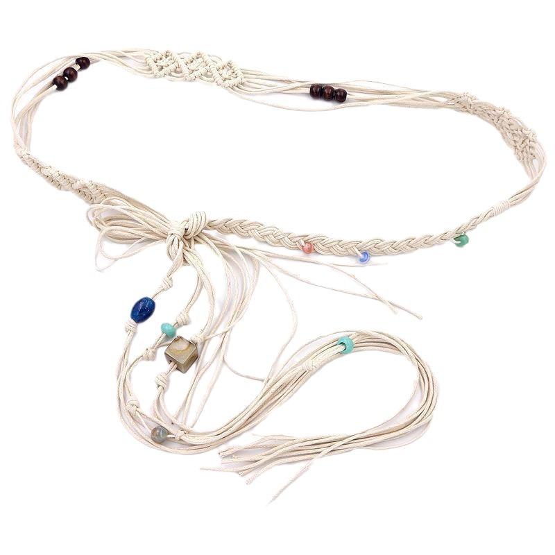 Pure Handmade Cotton Waist Rope Woven Fringed Beaded Famous Style Belt Women's Summer Simple and Versatile Waist Chain Literary and Retro