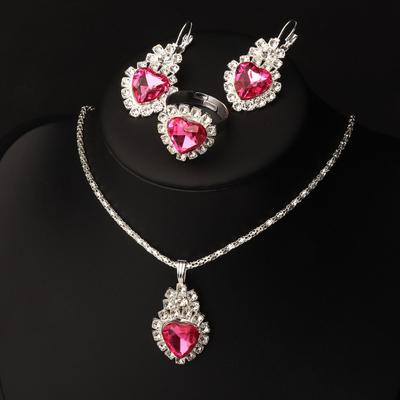 Heart Jewelry Set for Women Shiny Rhinestone Heart Necklace Earrings Ring Set Bridal Wedding Jewelry Accessory
