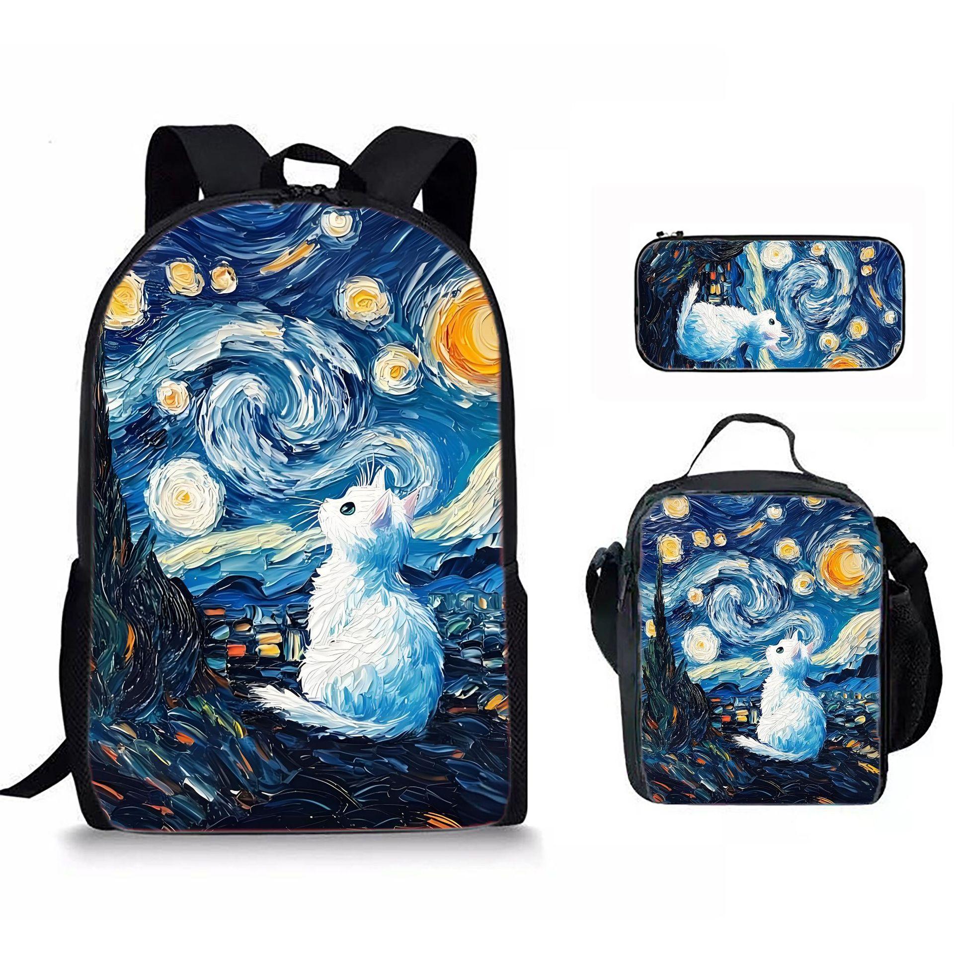 Sterrenhemel Olieverf dier 3D Print 3 stuks/Set leerling Schooltassen Laptop Dagrugzak Rugzak Crossbody Lunchtas Etui