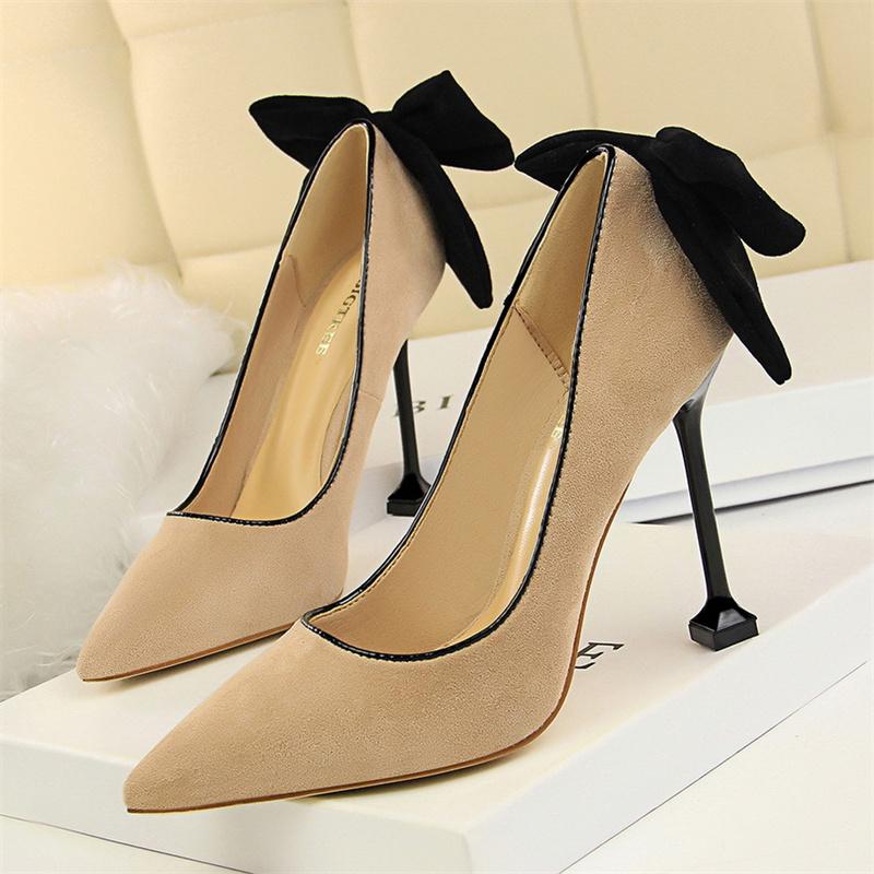 

Fashion Fashion Elegant Women Shallow Mouth Thin High Heels Pumps Sweet Cute Wedding Pointed Toe Back Bow Prom Suede Single Shoes 35