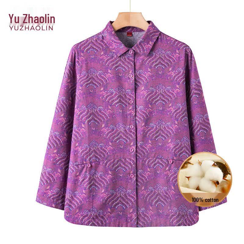 YUZHAOLIN Women s Pure Cotton Floral Long-Sleeve Shirt 2XL