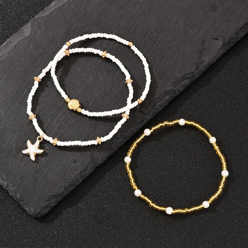 3Pcs/Set Bohemian Starfish Rice Beads Shell Anklet Set for Women Summer Gold White Color Multilayer Anklet Vacation Jewelry Gift