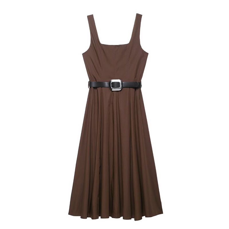 Kaslead New Women Clothes Western Style Simple Temperament With Belt Midi Dress 5029167