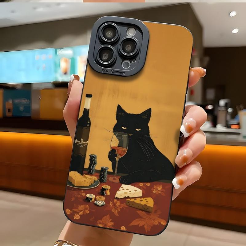 Black Cat Enjoys Wine Phone Case Suitable for iPhone 17, 16, 15, 14, 13, 12, 11 Pro/Max/Plus Anti Drop and Anti Shock Back Cover