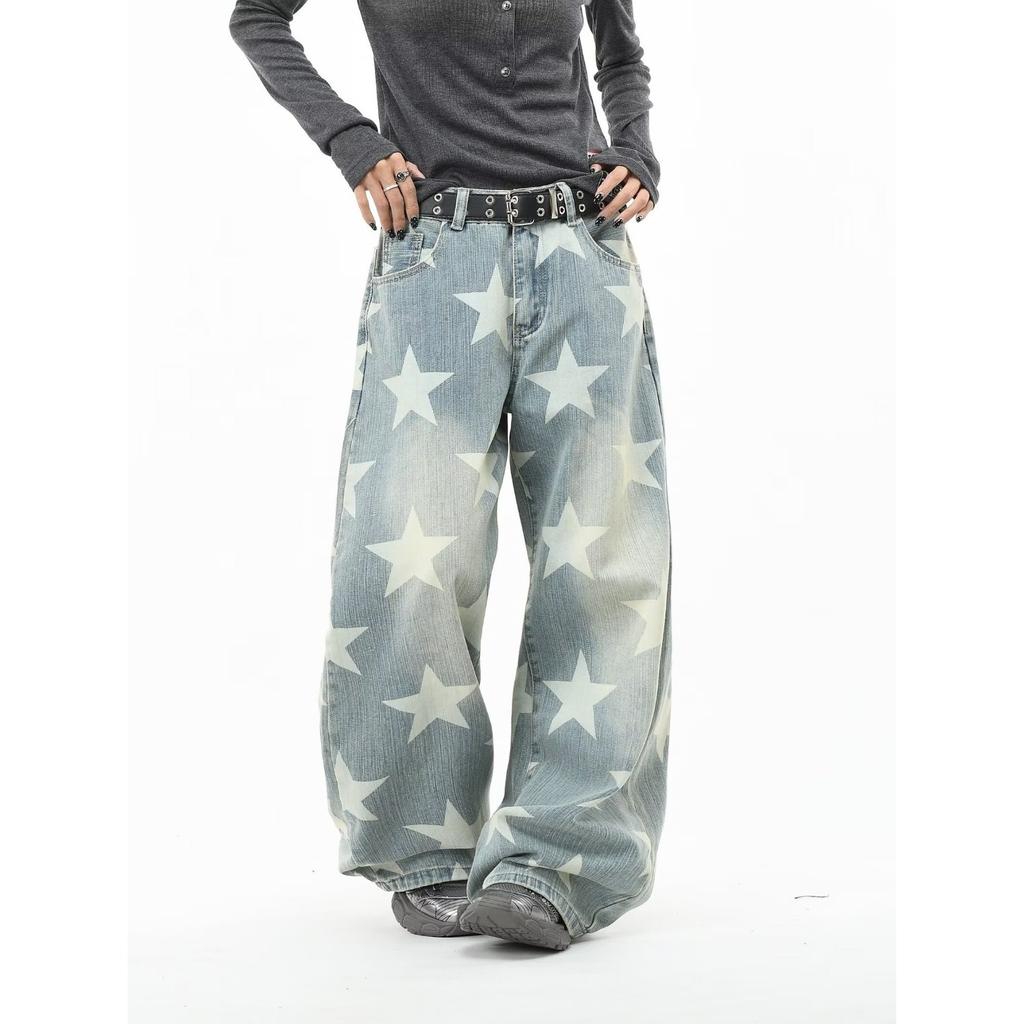American Retro Washed Star Printed Straight Jeans Men and Women Loose Wide Legs Niche Design Street Trousers