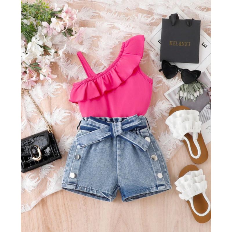 New Summer Girls  Off-Shoulder Camisole Top + Denim Butterfly Shorts Three-Piece Set 2-3Y