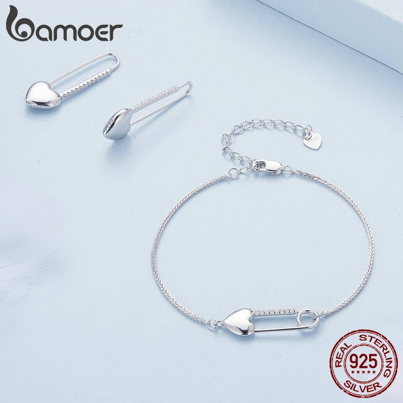 Bamoer 925 Sterling Silver Heart-Shaped Button Pin Bracelet and Earrings Jewelry Set for Women Original Design Fine Jewelry Gift