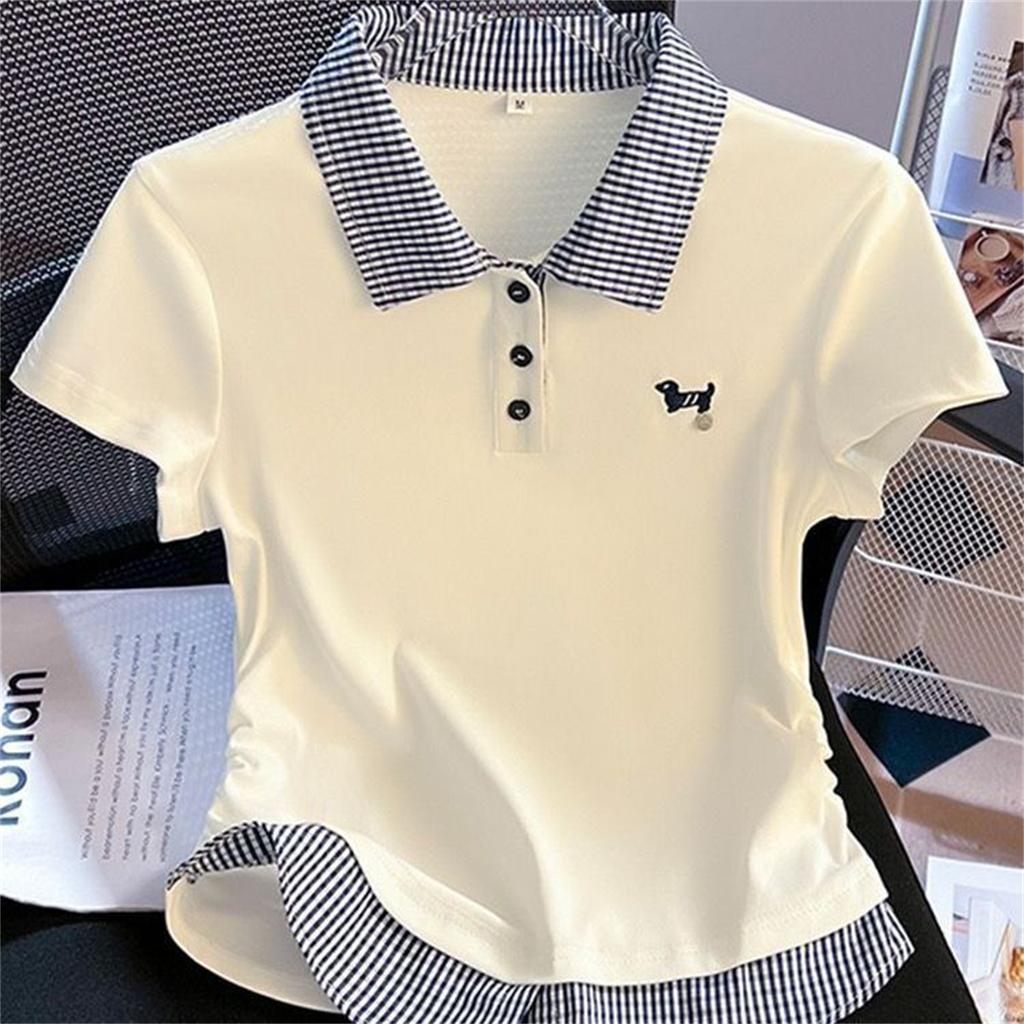 Plaid Splicing Polo Neck Short-sleeved T-shirt Women's Medium and Large 2026 Summer New Slim and Thin Meat Cover Top Ins