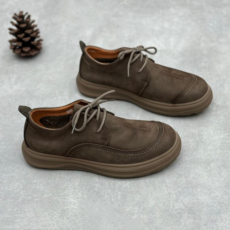 Genuine Leather Men's Shoes Spring and Summer Retro Original Round-toe Casual Flat Low-top Lace-up Cowhide Shoes