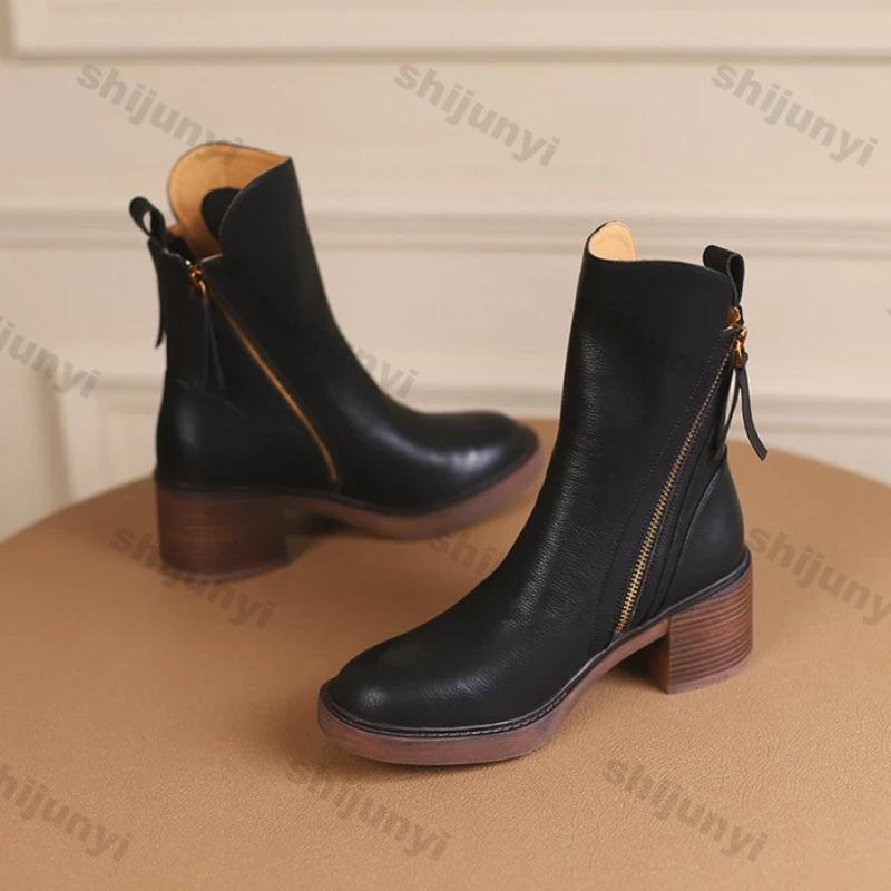 Fashion Women's Platform Chelsea Boots New Round Toe Chunky Heel Women Brown Ankle Boots Outdoor High Heel Leather Boots Zapatos Mujer