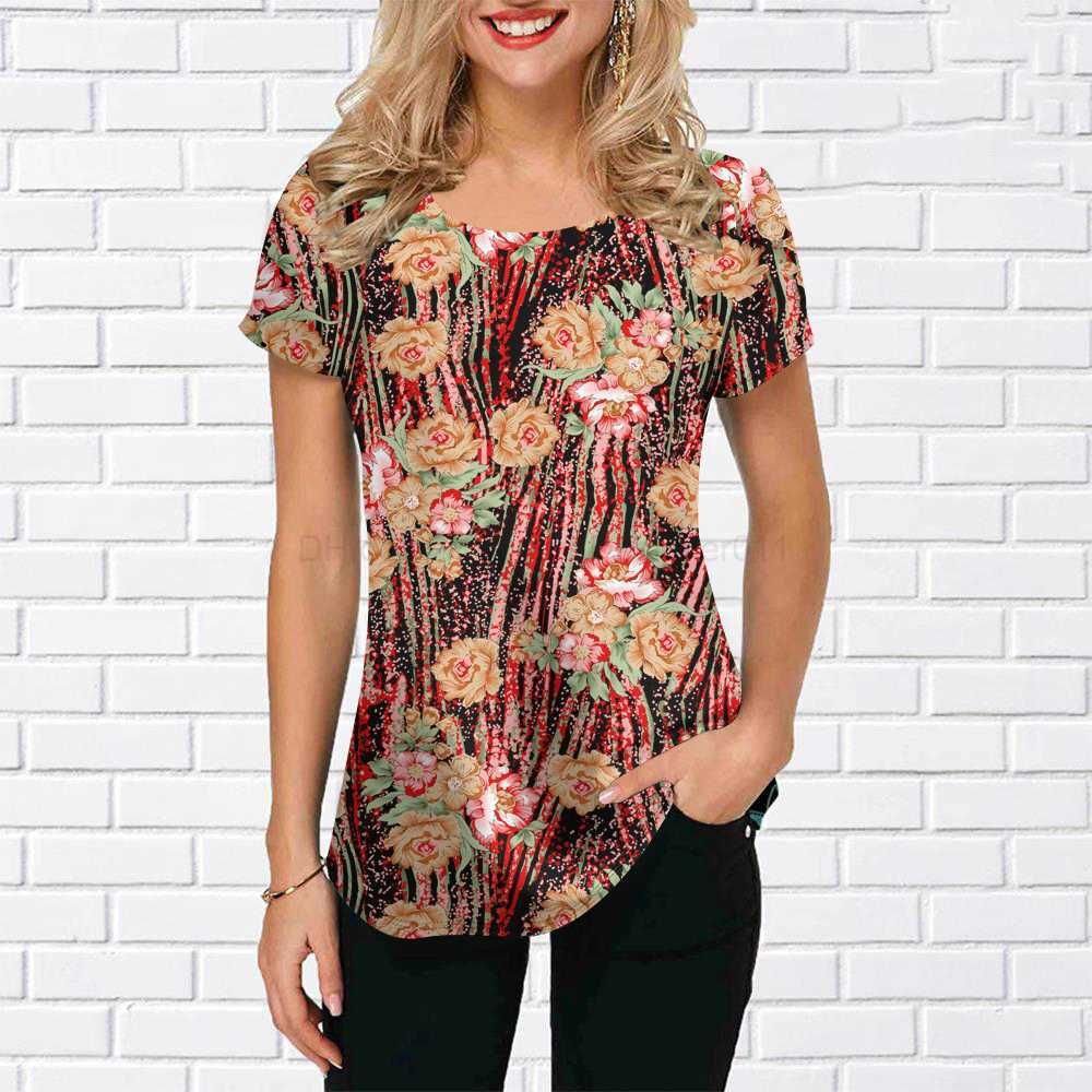 Summer Round Neck 3D Floral Patchwork Print T-shirts Fashionable Casual Short Sleeved Women's T-shirts