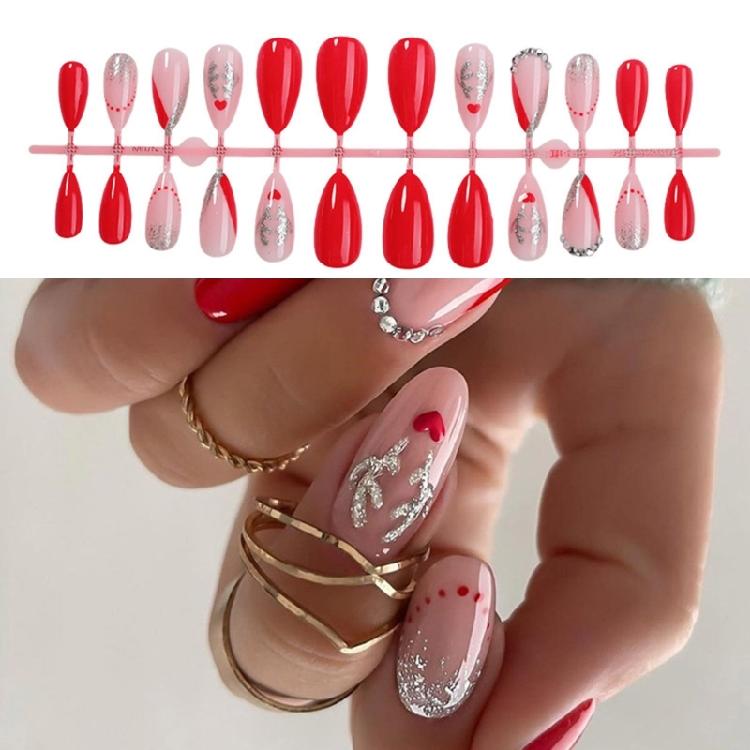 24 Pcs Lovely Elk False Nail Almond Press On Nail Christmas Full Cover Stick On Nail Manicures Supplies for Winter