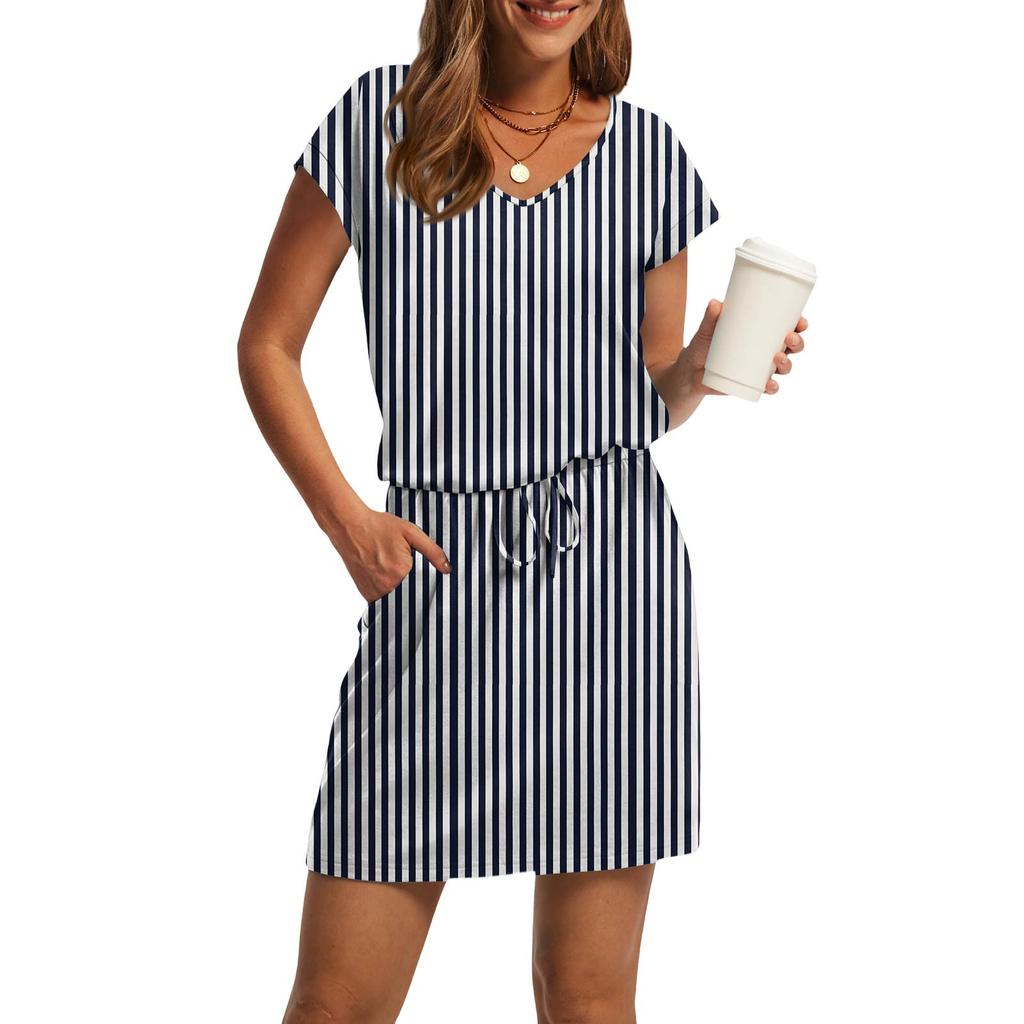 Damenmode V-Ausschnitt Kurzarm Kordelzug mit Tasche Bedruckte Freizeitkleider