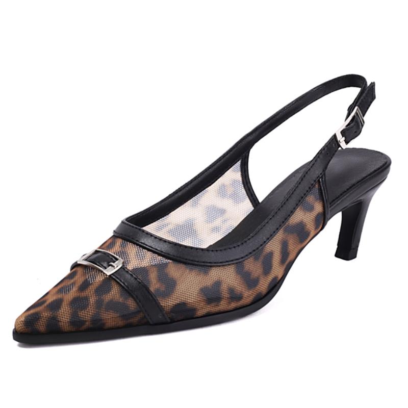 

Women s Short Heels Summer Shoes 2025 New Fashion Mesh Leopard Low Heeled Slingback Party Wedding Office Shoes Female Breathable 34 коричневий