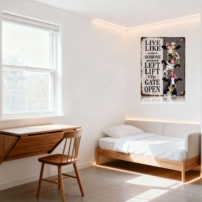 Rustic Farmhouse Metal Tin Sign 'LIVE LIKE SOMEONE LEFT THE GATE OPEN' with Flower Crown Cows Holstein Cow Sign Decor for Home O