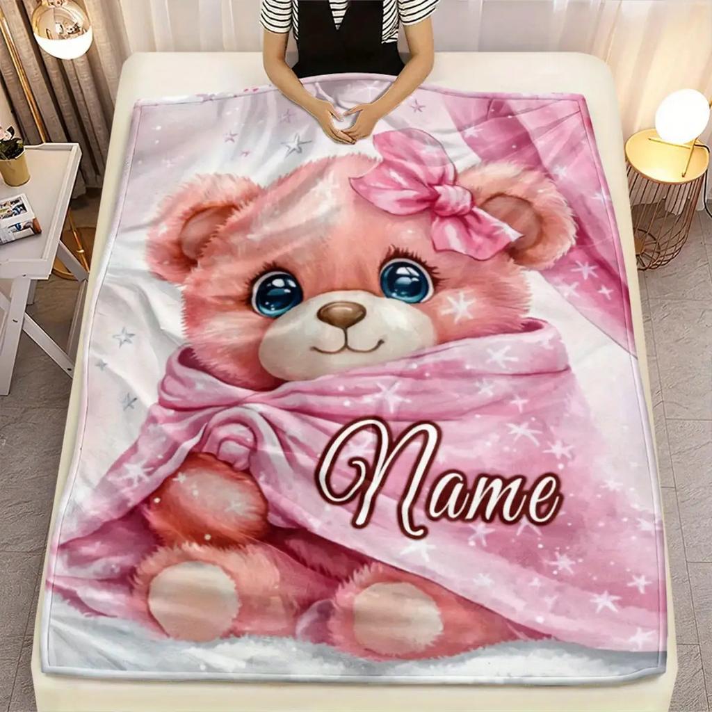 Coperta Orsacchiotto Rosa con Fiocco Nome Personalizzato Bambine Pile Coperta Morbida Calda Tutte le Stagioni Biancheria da Letto per Bambini Decorazione Regalo