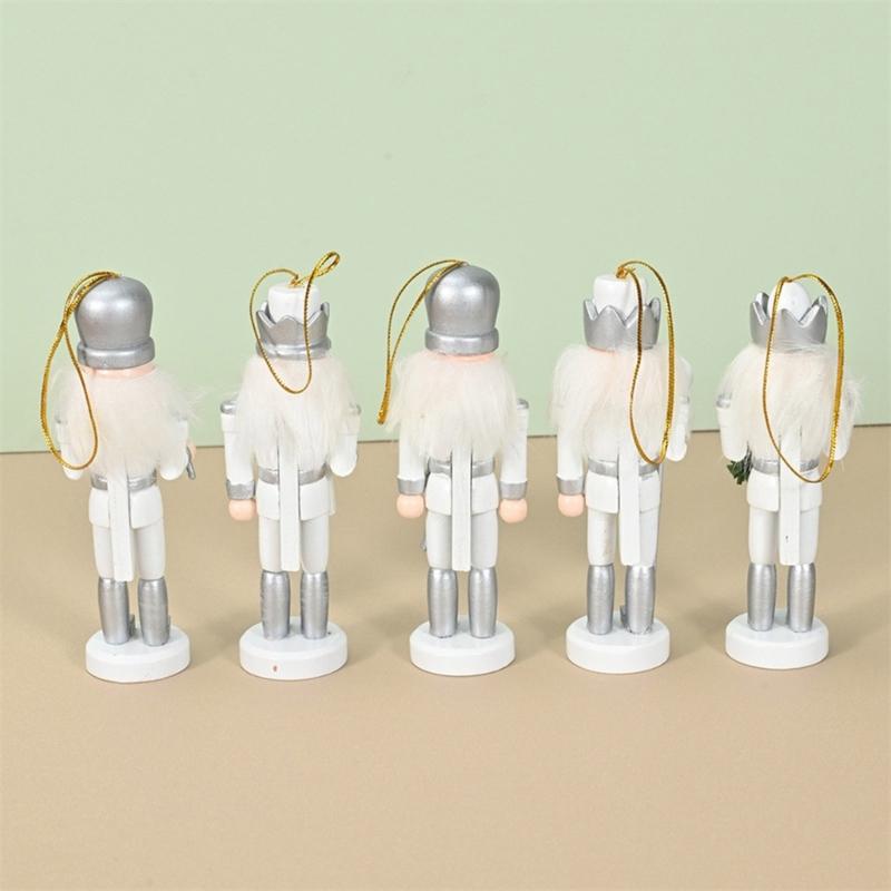 Pack of 5 Miniature Silver Nutcrackers Figurine Charm Accessories Wood Hanging Pendant Holiday Decoration Supplies
