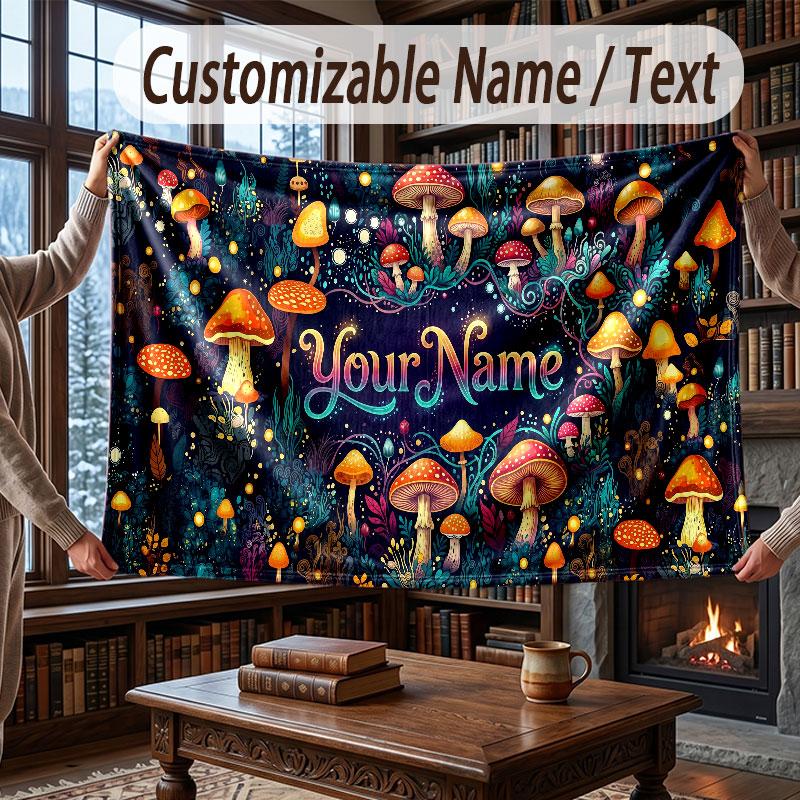 Mushroom Forest Theme Throw Blanket Custom Name Text Personalized Blanket Soft Cozy Blanket for Home Sofa Bed