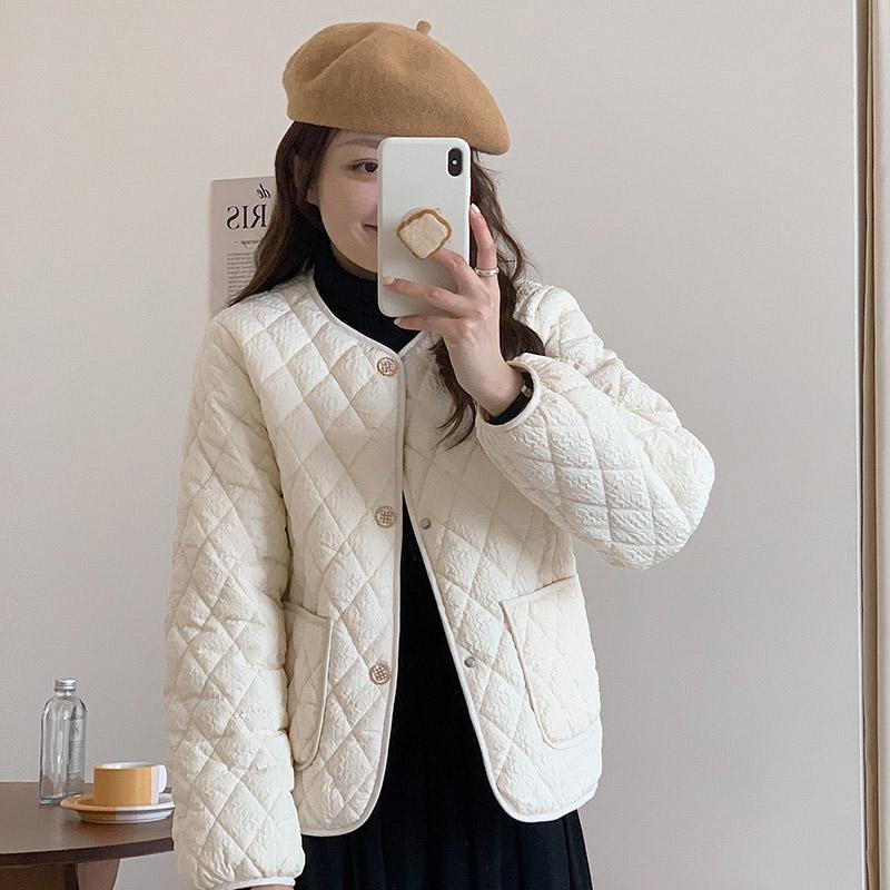 Women's Autumn Winter O Neck Long Sleeve Button Big Pocket Short Warm Parka Chic Jacket