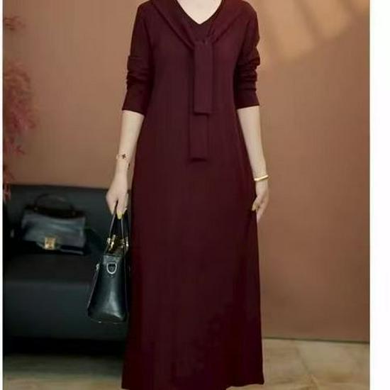 2025 Autumn/Winter Women's Long-Sleeve Loose Slimming Mid-Length Solid Color Dress