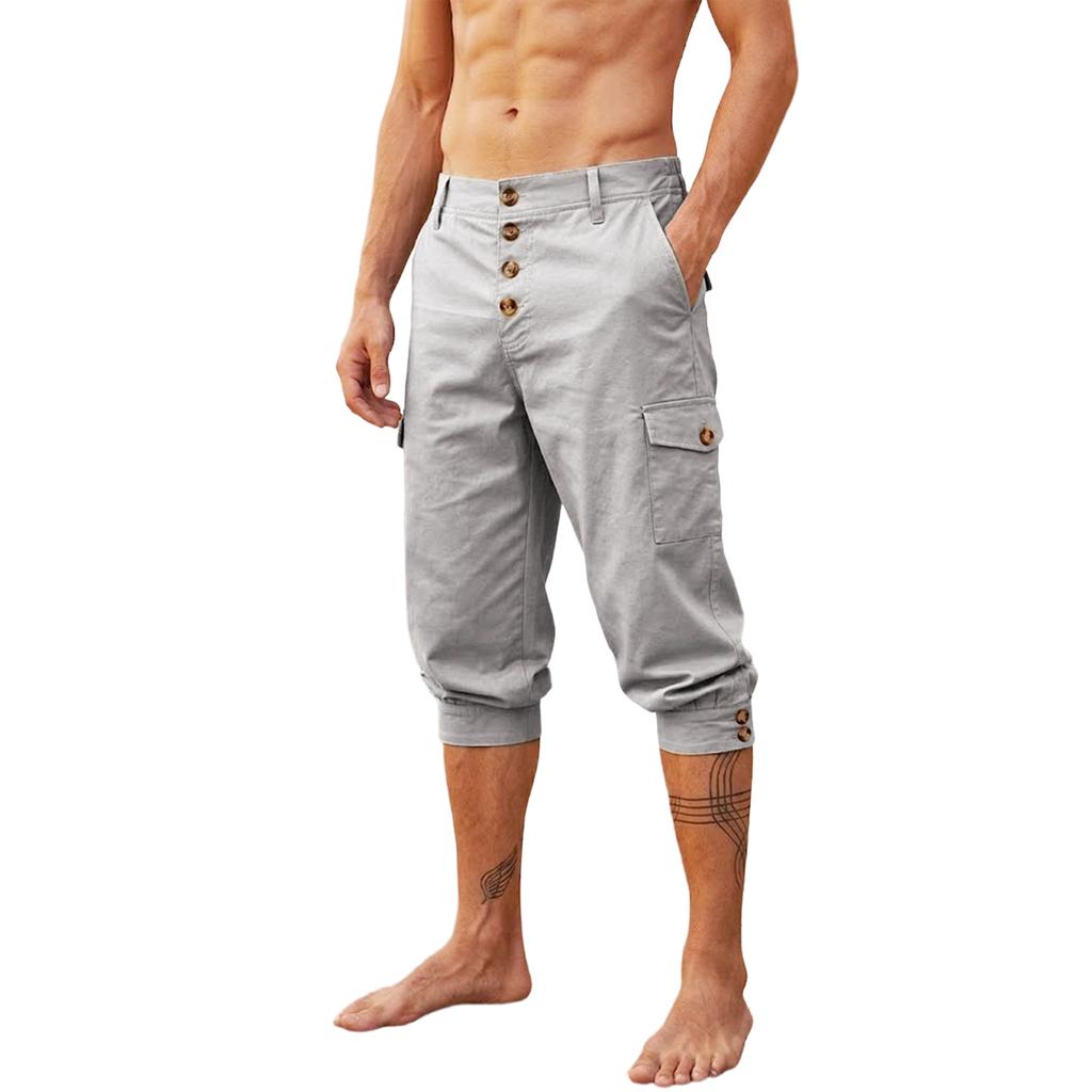 Men’s Casual Loose Fit Capri Pants Button Fly Cropped Trousers with Pockets Lightweight Breathable Design for Everyday Wear