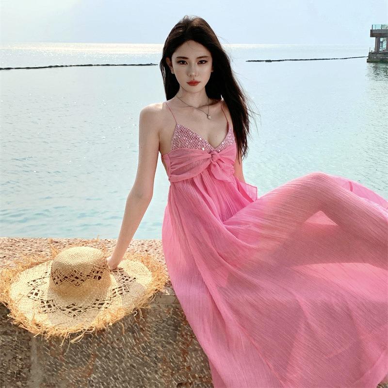 French Pink Ruffle Edge Suspender Dress Women's Summer Seaside Vacation Irregular Temperament Waist Long Skirt