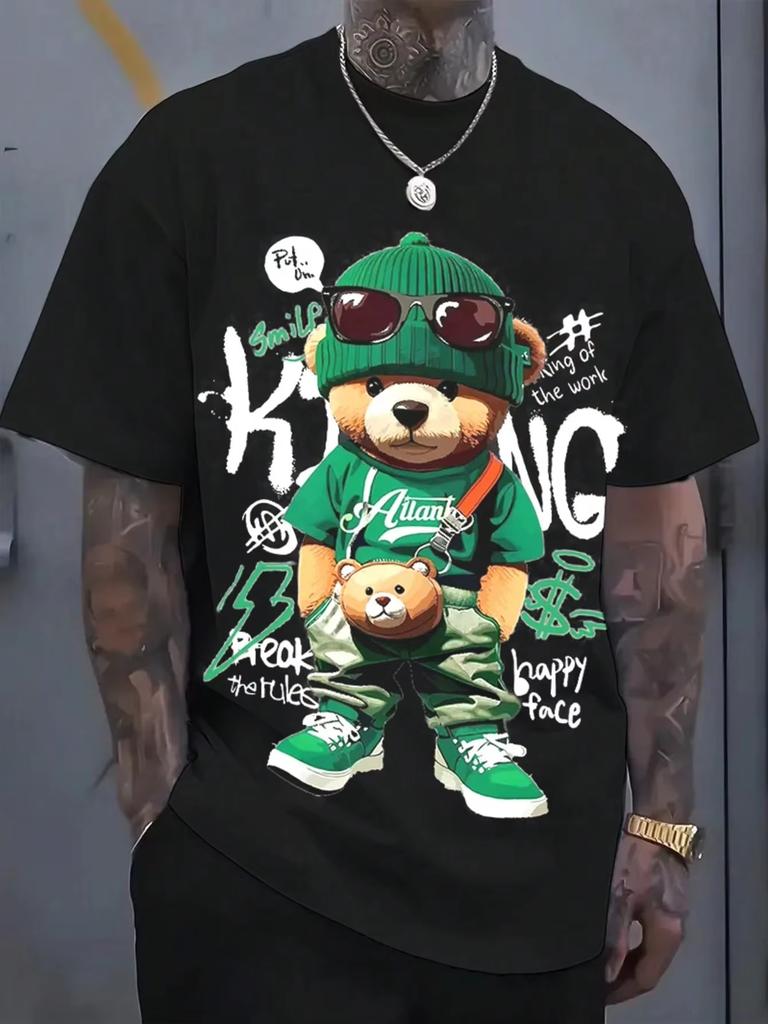 Cartoon Bear Pattern Mens TShirt Comfortable Short Sleeve Pullover Mens Outdoor Wear Summer Street Trend Y2K Unisex