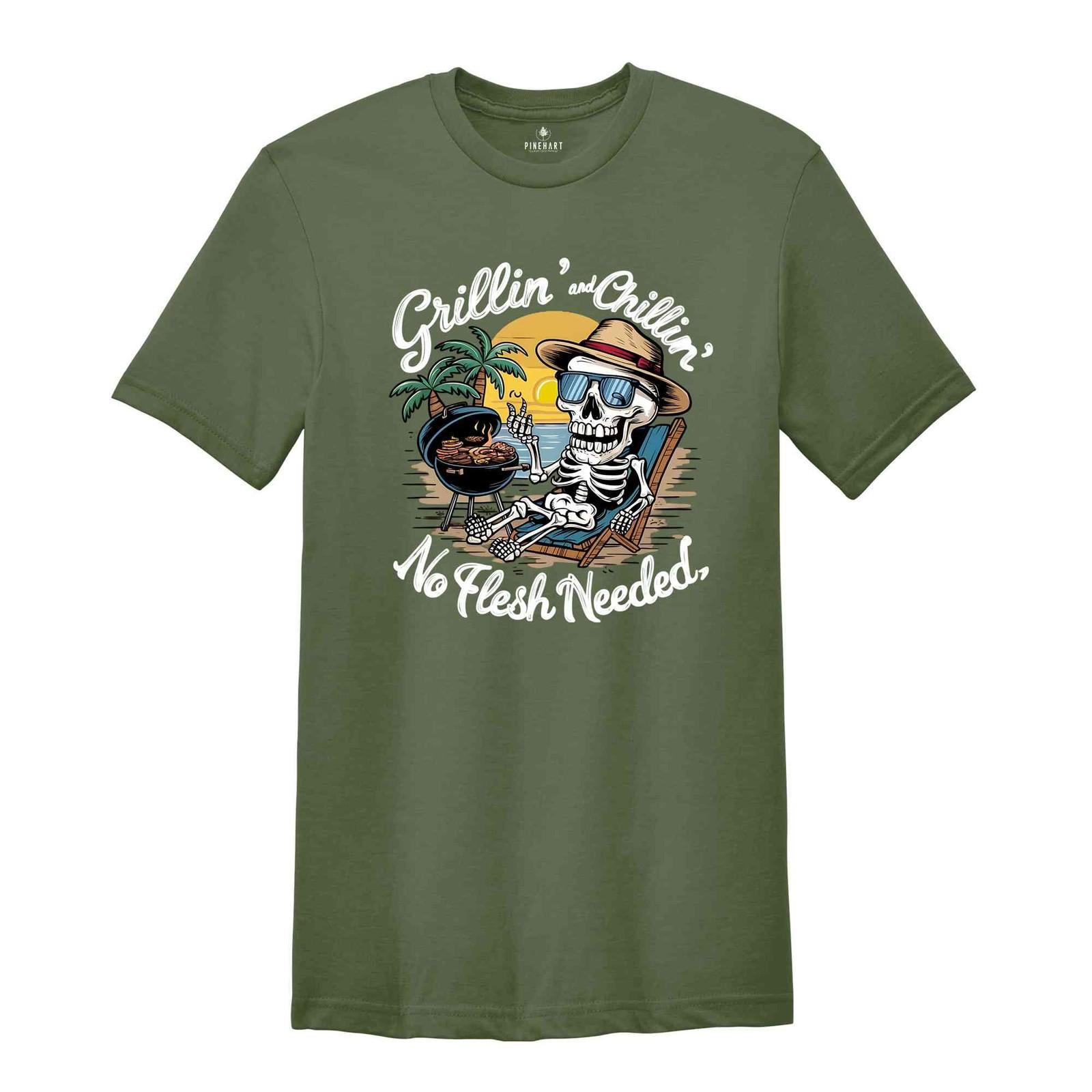 Grillin And Chillin No Flesh Needed Shirt, Barbecue Shirt, Summer Shirt, Skeleto S разноцветный