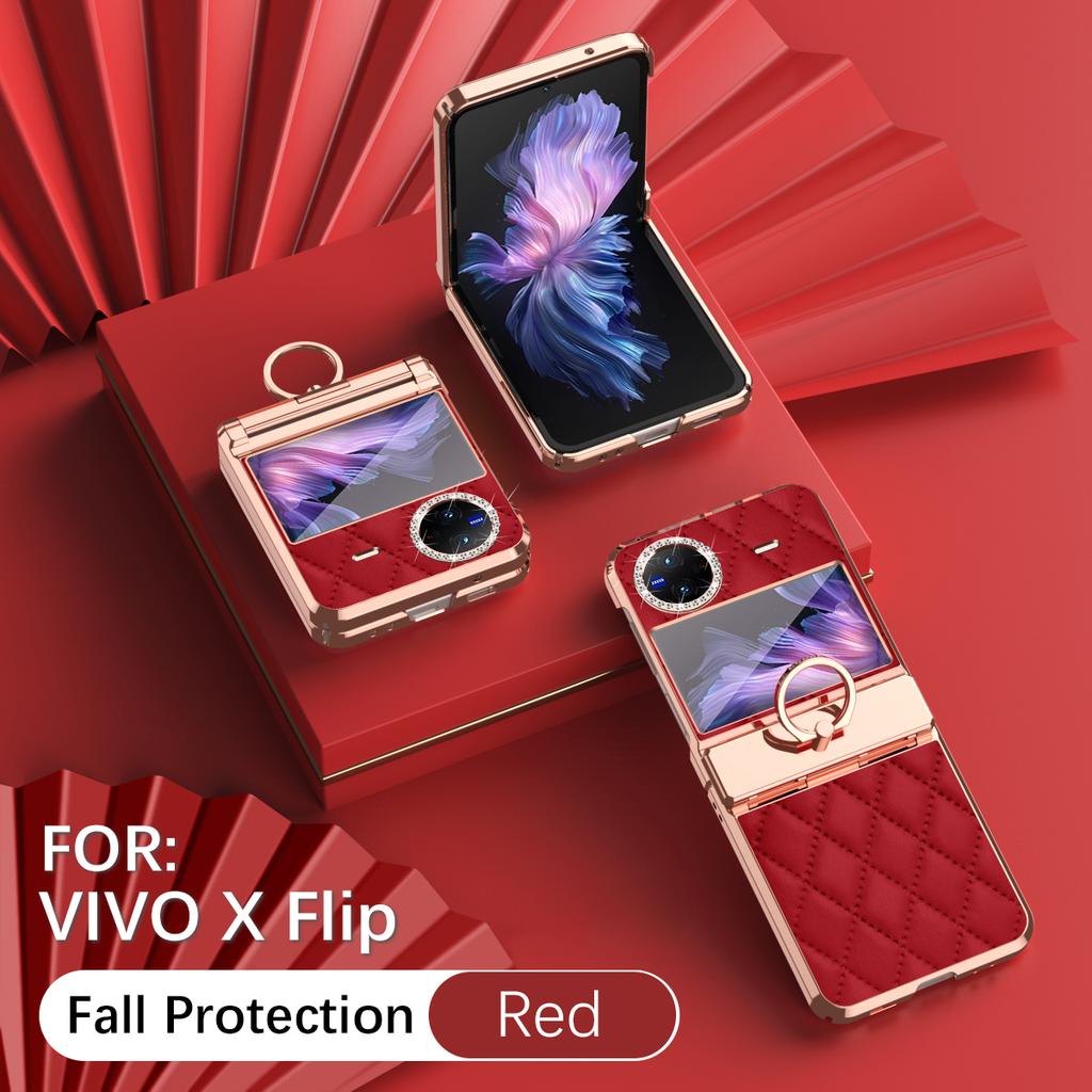 Luxury Fashion Diamonds Leather Plating Ring Holder Phone Case For Vivo X Flip Hinge Full Protection Cover
