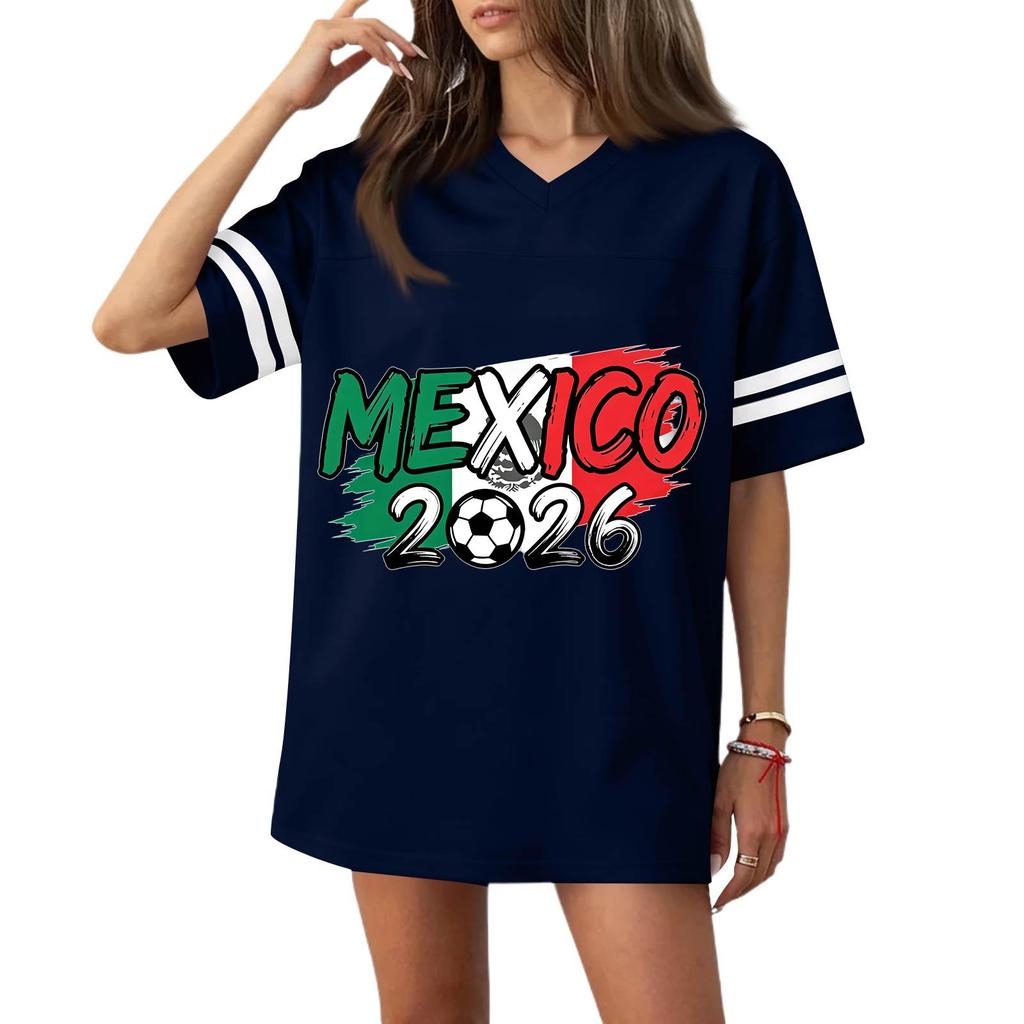 Women V Neck Casual Soccer Jersey Style Short Sleeve Top with Mexico 2026 Flag Print for Sports and Wear