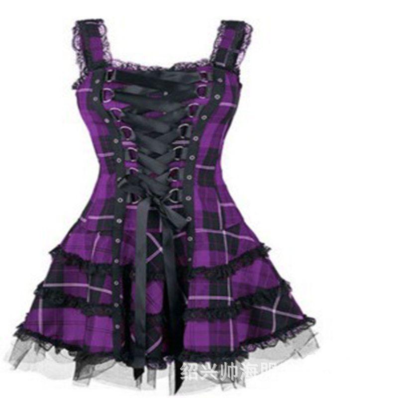 Fashion Plaid Printed Lace Dress Lock Shoelace Sleeveless Mesh Midi Dress for Women Lace Dress. Purple L