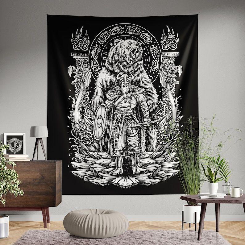 tapestry black and white viking berserker 75x100 чёрный