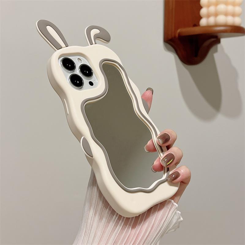 Korea 3d Cute Rabbit Ear Makeup Mirror Silicone Case For Iphone 14 13 11 12 Pro Max Xs Xr X 7 8 14 Plus Cartoon Shockproof Cover