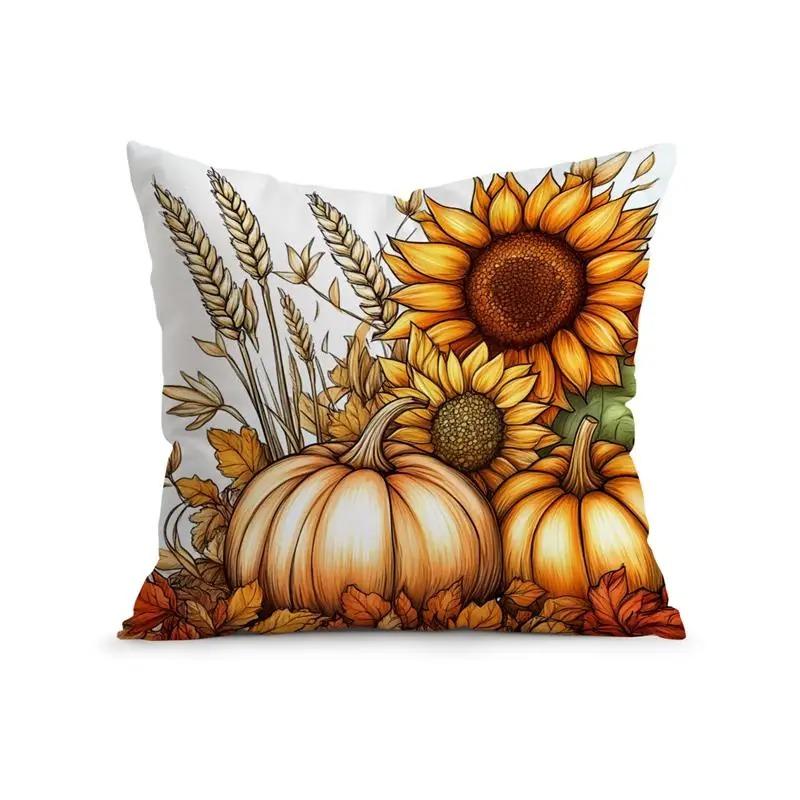 Home Decor Sunflowers & Pumpkins Fall Season Pillow Cover Pattern Cushion Cover Suitable for Sofa Bedroom Car Pillow Cover