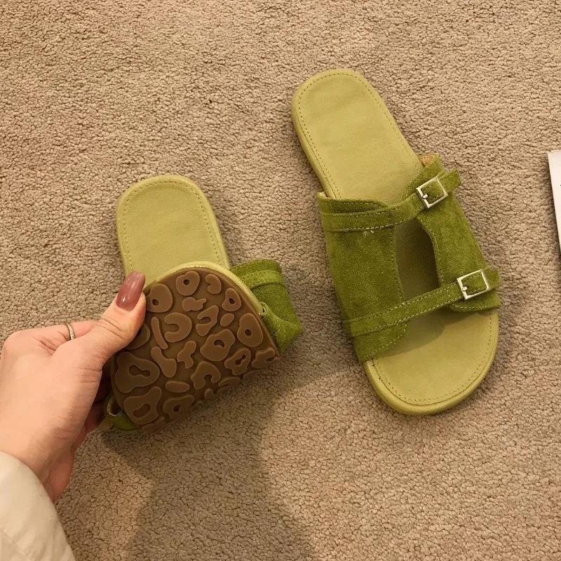 Fashion Vintage Flat Slippers French Women Summer Round Toe Open-toe Metal Buckle Vacation New Soft-soled Seaside Sandals