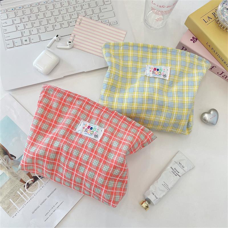 Girly Plaid Cosmetic Bag Large Capacity Travel Portable Women Clutch Zipper Pouch Handbag Makeup Toiletries Storage Bags