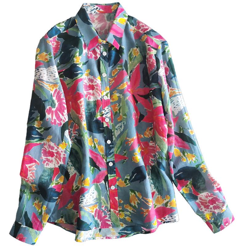 Clearance Women's French Art Print Silk-Cotton Button-Down Long Sleeve Shirt - Medium
