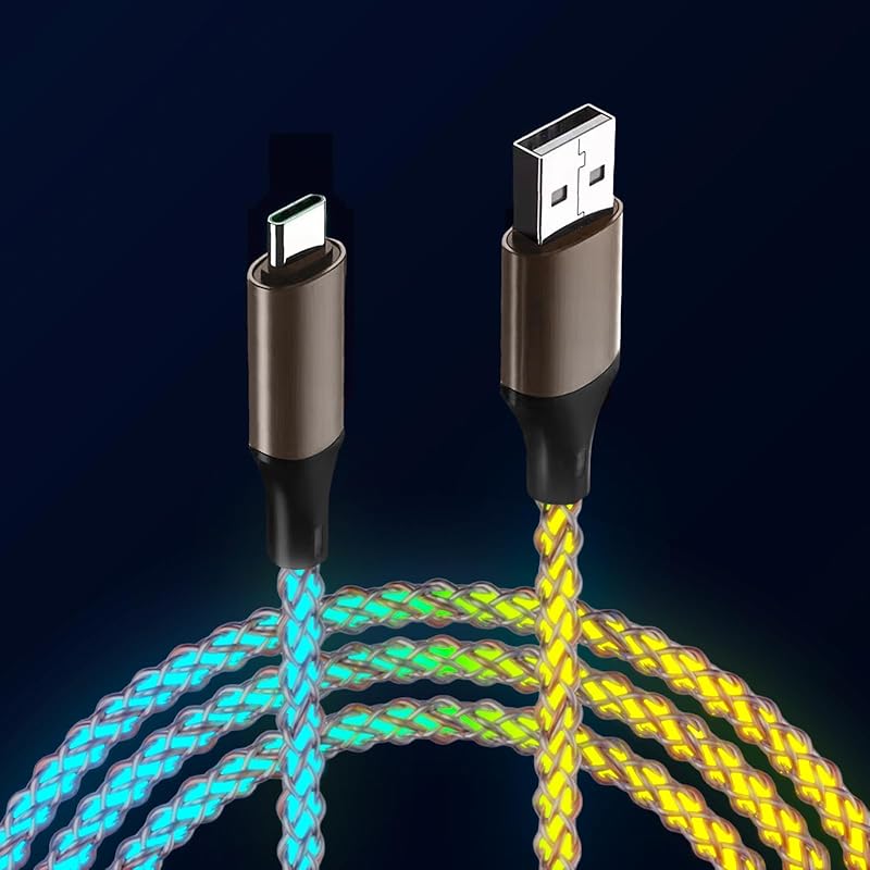 USB to USB C Cable, LED Light Up for Camping,100W Fast Charging, RGB Breathing Charger Cord for iPhone 16 15 Galaxy S10 S10+, LG V30, and More