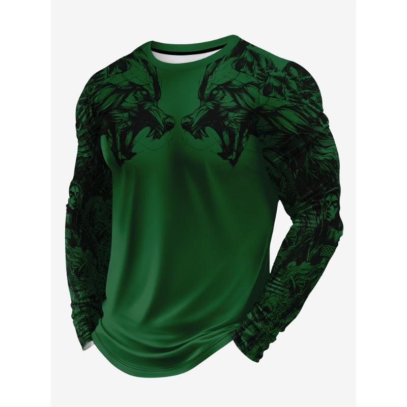 Pánské tričko s dlouhým rukávem a kulatým výstřihem s volným vzorem vlka, ležérní a pohodlné