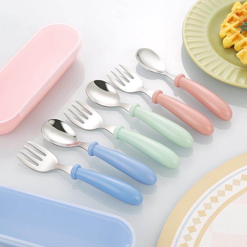 Cartoon Stainless Steel Children's Cutlery Set - Cute Spoon & Fork with Round Handles for Kindergarten, Portable Gift Set