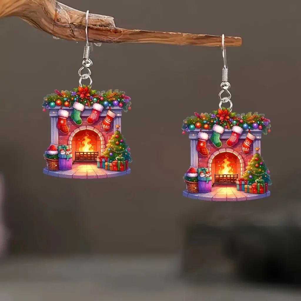 Festive Christmas Fireplace and Socks Acrylic Earrings Careful Gifts for Relatives Christmas Earrings