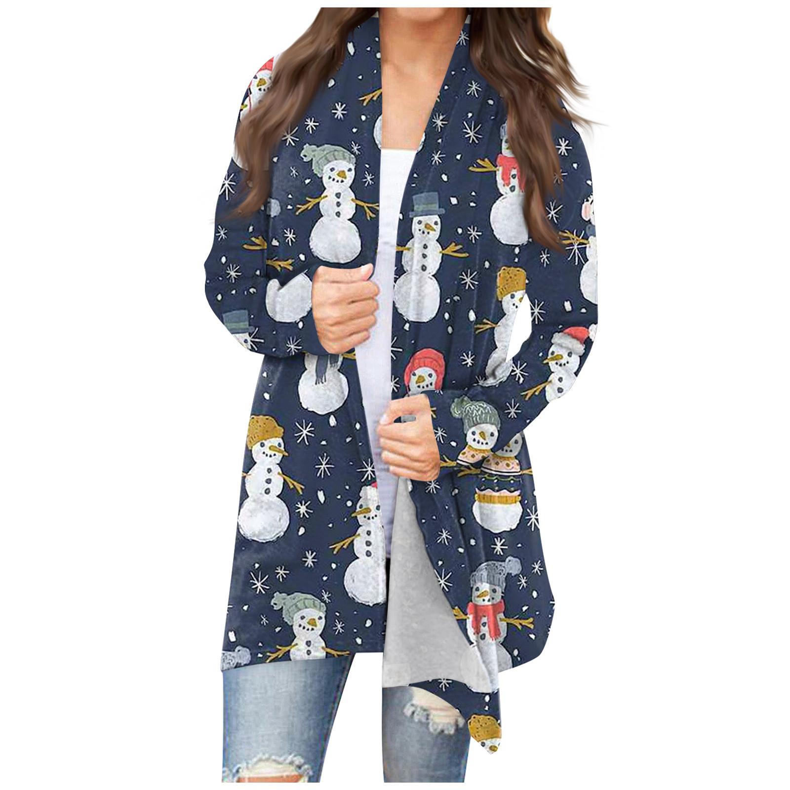 

Женская мода, повседневный рождественский принт, кардиган средней длины, куртка, пальто S тёмно-синий