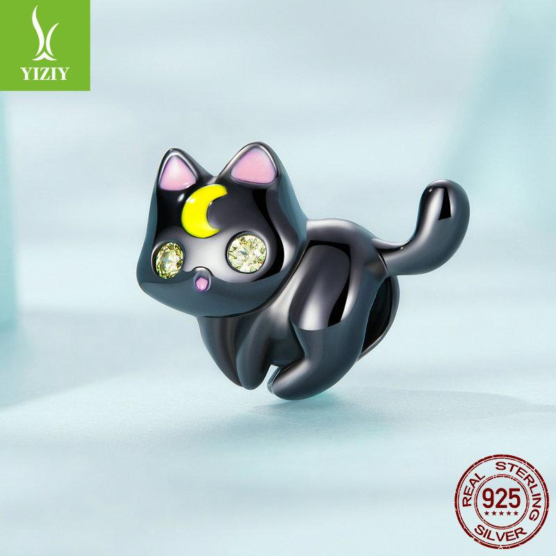 Cute Moon Cat Beaded Charm Halloween Black Gold Plated Animal Bracelet Beads Loose Beads