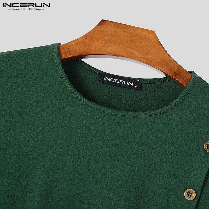 INCERUN Summer Men's Round Neck Long Sleeve Buttons Design Irregular T-shirts Tops