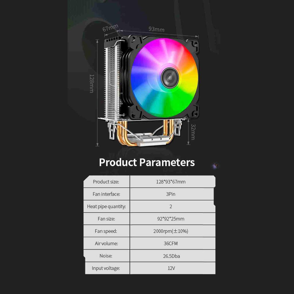 CPU Cooler Colorful Light 2000rpm With 2 Heat Pipes Removable CPU Cooling Fan